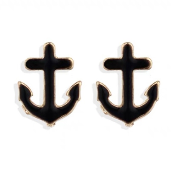 ❣️$25/3❣️ Tiny Black Enamel Anchor Stud Earrings - Picture 1 of 8